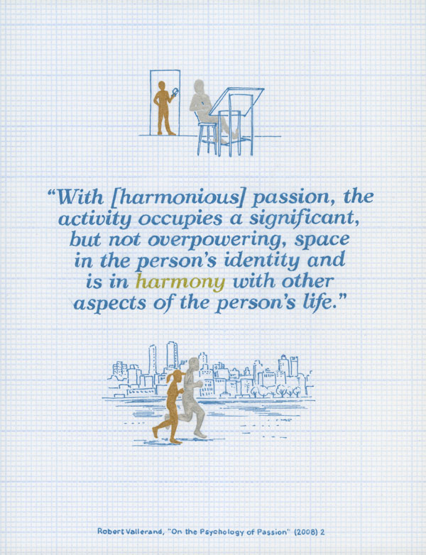 With harmonious passion, the activity occupies a significant, but not overpowering, space in the person's identity and is in harmony with other aspects of the person's life. Robert Vallerand, On the Psychology of Passion (2008) 2