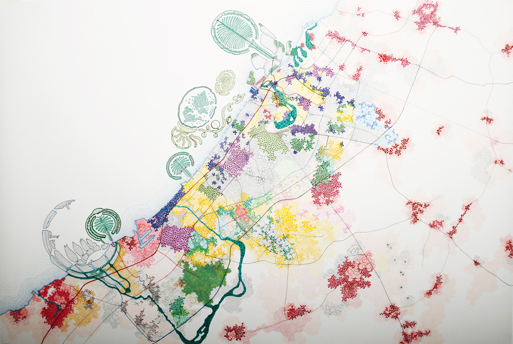 Tiffany Chung, Dubai 2020, 2010. Micropigment ink, oil- and alcohol-based marker on paper. Private collection.